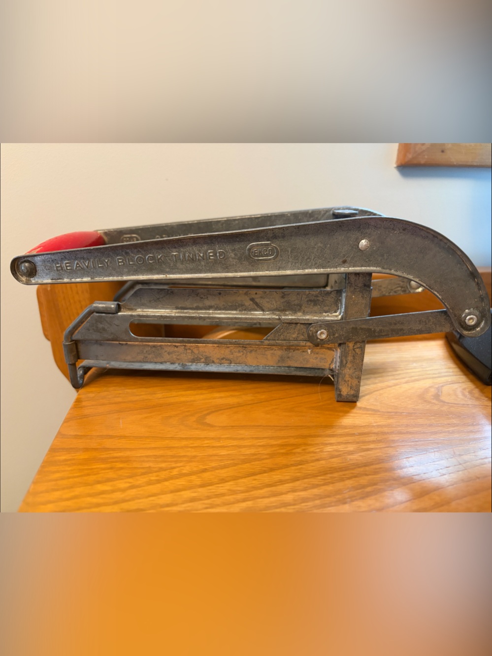 Vintage EKCO Heavily Block Tinned French Fry Cutter - Red Handle